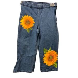 My Michelle Vintage Sunflower Wide Leg Pull On 3/4 Denim Jeans Blue 8